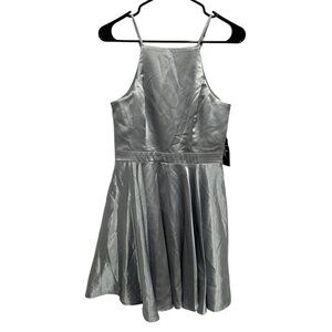 Lulus NWT Silver Satin Halter Tiny Dancer Short Skater Dress Sz Small